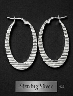 Sterling Silver ruffle Oval Hoop Earrings 1.5"